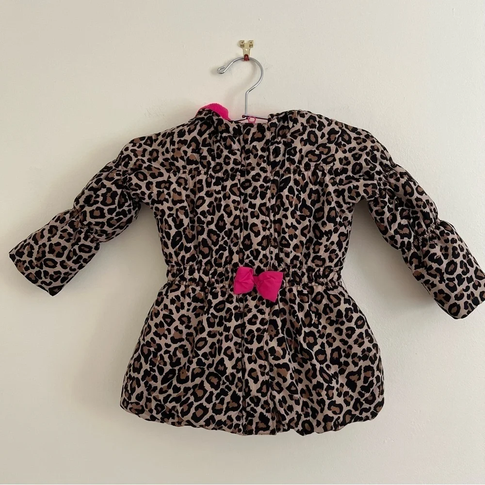 Place 1989 Leopard Print Puffer Jacket Pink Bow 2T Winter Warm Cozy sz 3T‎